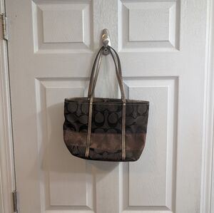Coach Signature Stripe Brown Canvas Satchel With Gold Accents
